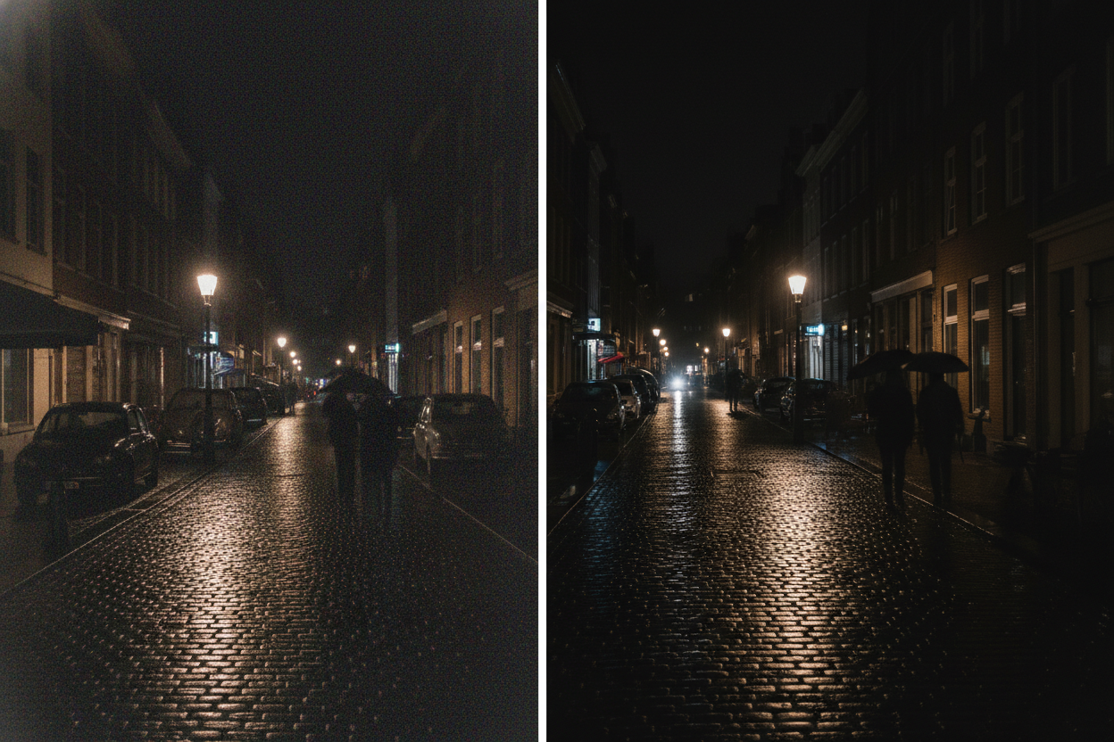 Denoising example showing grainy photo vs clean version